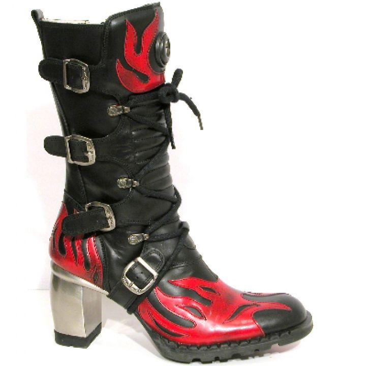 New Rock Boots 6591 Itali Negro y Lux Rojo Formula Negro Acero Tacon Rojo Acero
