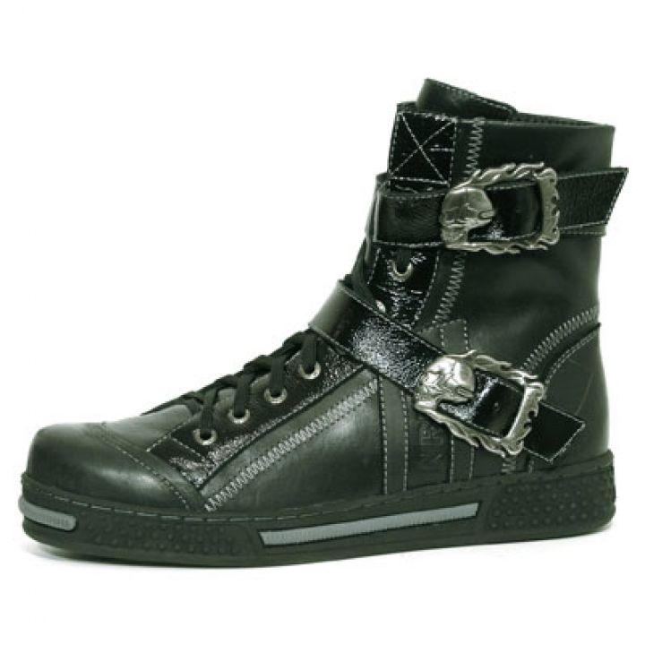 New Rock Boots 4510 S1 Goma Negra Rayada Itali y Charol Arrugado Negro Pisa Negro Gris
