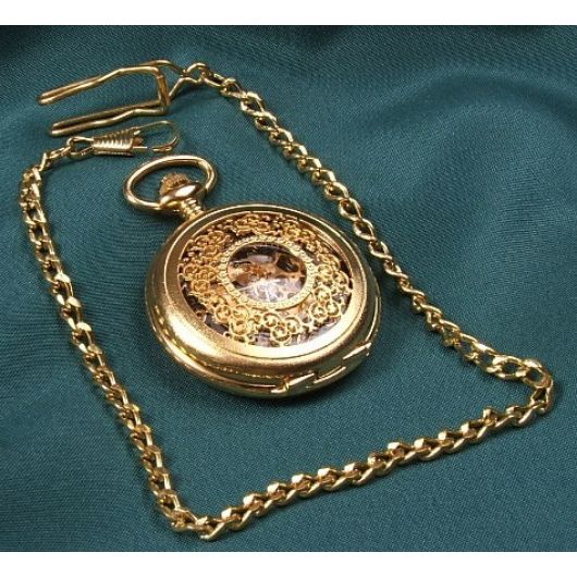 Golden Skeleton Mechanical Pocket Watch with open back, Roman Numerals