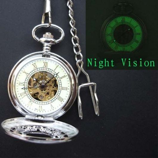 Silver Skeleton Mechanical Pocket Watch with open back & Roman numerals